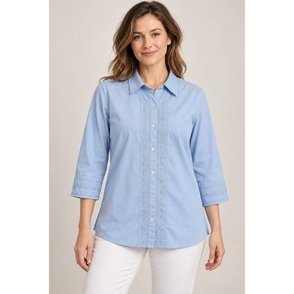 Worthington Stretch Women's 16 Blue Embroidered Button Front 3/4 Sleeve Shir